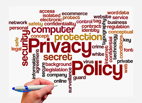 Word Cloud with PRIVACY POLICY concept, isolated on a white background.
