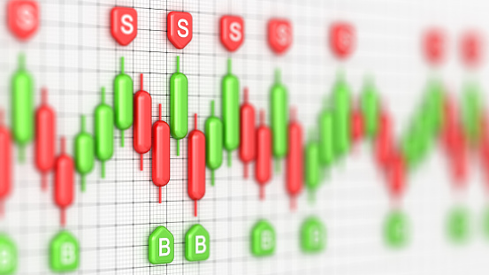 Stock market chart with green and red candles. Profit and money. Financial and business graph. Buy and sell concept. Stock market volatility 3d illustration.