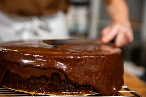 A decadent, chocolatey Sachertorte sits atop a plate, invitingly