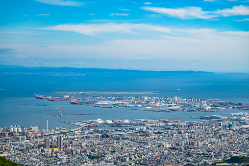 Aerial view of cargo ship in transit. Istanbul Bosphorus.