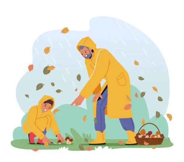 Vector illustration of Bonding Time In The Forest. Grandfather And Boy Characters Joyfully Picking Mushrooms, Exploring Wonders of Nature