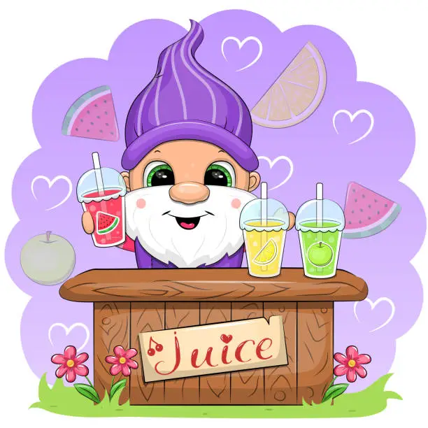 Vector illustration of Cute cartoon gnome sells juice.