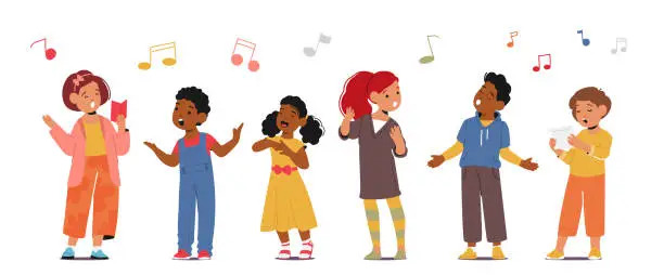 Vector illustration of Joyful Children Boys And Girls Characters Singing Songs With Pure Enthusiasm, Spreading Happiness, Vector Illustration