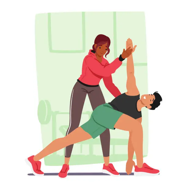 Vector illustration of Male Character Undergoing Personalized Training With A Personal Coach. Tailored Exercises, Enhancing Motivation