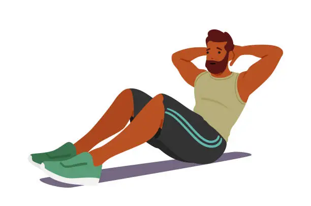 Vector illustration of Man Performing Floor Exercises, To Strengthen Muscles And Improve Overall Fitness. Black Mature Character Pumping Belly