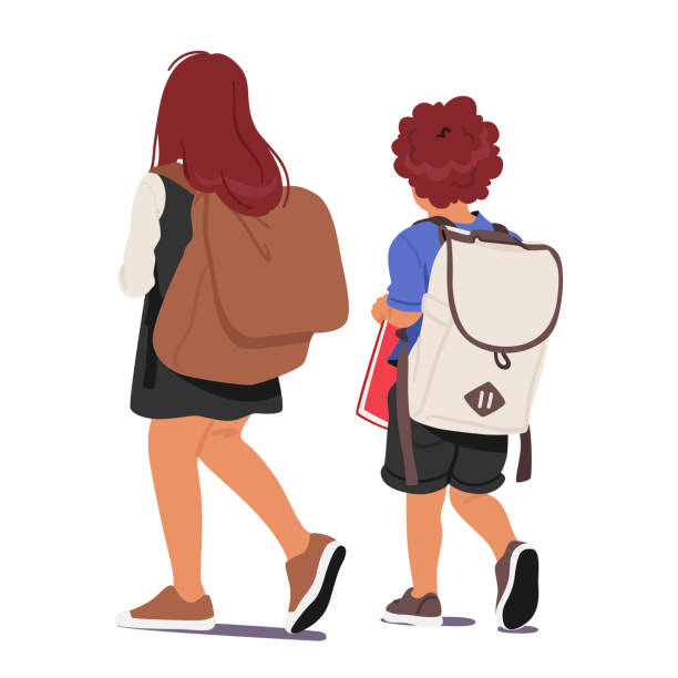 Rear View Of Schoolchildren Boy and Girl Characters with Backpacks and Books, Walking Towards School Rear View Of Schoolchildren Boy and Girl Characters with Backpacks and Books, Walking Towards School, Filled With Excitement And Curiosity For The Day Ahead. Cartoon People Vector Illustration school-uniform stock illustrations
