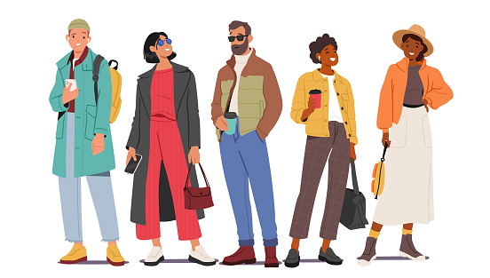 Male and Female Characters Wear Autumn Outfits, Including Cozy Sweaters, Boots And Warm Jackets, To Stay Stylish And Comfortable During The Cool And Colorful Season. Cartoon People Vector Illustration