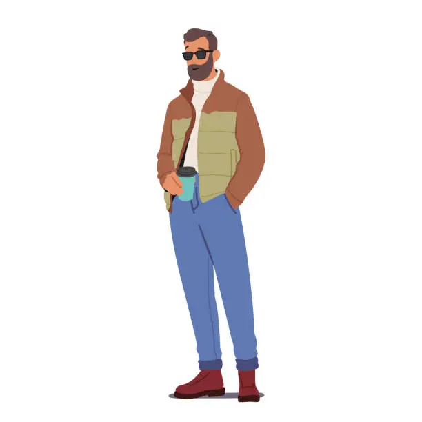 Vector illustration of Character with Coffee Wears Cozy Layers, Like Turtleneck Shirt, Jacket, Paired With Jeans Or Chinos And Stylish Boots