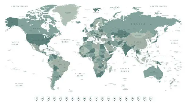 Vector illustration of World map. Highly detailed map of the world with detailed borders of all countries, cities and bodies of water. Vector map in green colors.