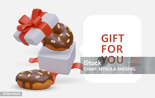 istock Surprise for sweet tooth. Gift for you. Donut in realistic box tied with ribbon 1598490605