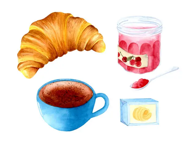 Vector illustration of Morning coffee and croissant watercolor elements set
