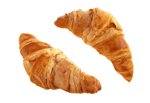 Freshly baked crispy traditional french croissants isolated on white background. Delicious breakfast pastries 3D design elements with homemade baked tasty butter croissants rolls. Morning fresh bakery