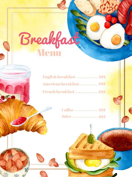Vector illustration of Breakfast menu template watercolor frame