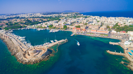 Rhodes Old Town aerial panoramic view in Rhodes Island, Greece