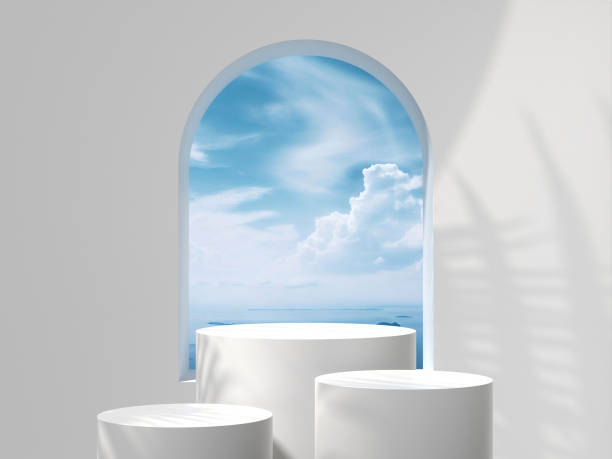 istock White round podiums with blue sky and clouds. 3d render. 1598529336