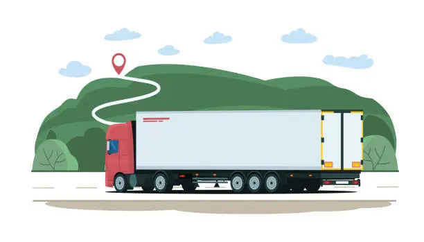 Vector illustration of The truck carries cargo along the route against the backdrop of a country landscape