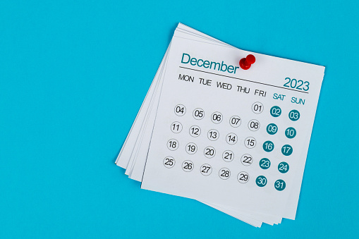 Close up of 2023 December calendar.