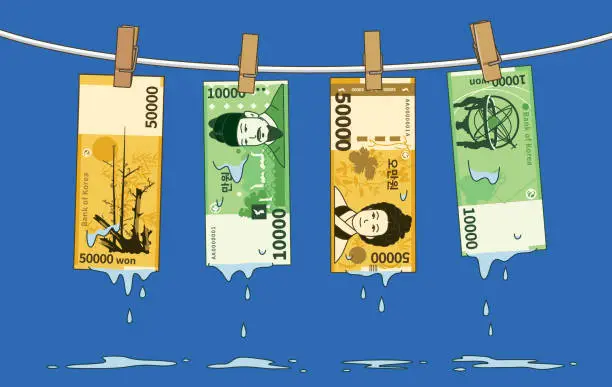 Vector illustration of Money laundering, Korean money hanging on the clothesline.