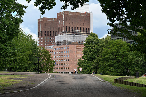 Oslo, Norway, July 7, 2023 - Oslo City Hall as seen from Kontraskjæret