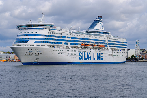 Helsinki / Finland - JULY 28, 2023. MV Silja Symphony, operated by Silja Line, arriving to the port of Helsinki.