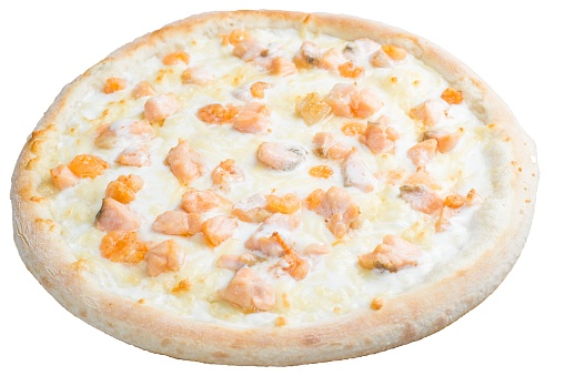 Salmon pizza with white white cream sauce and melted cheese.