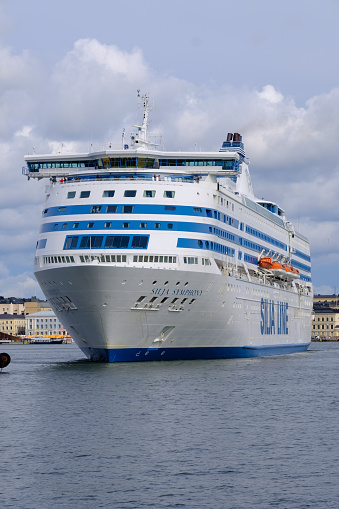 Helsinki / Finland - JULY 28, 2023. MV Silja Symphony, operated by Silja Line, arriving to the port of Helsinki.