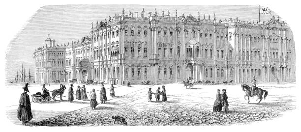 ilustraciones, imágenes clip art, dibujos animados e iconos de stock de palacio de invierno en san petersburgo 1853 - winter palace