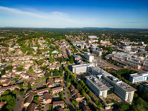 Aerial view, taken by drone, depicting the architecture of Crawley town centre in the southeast of England.