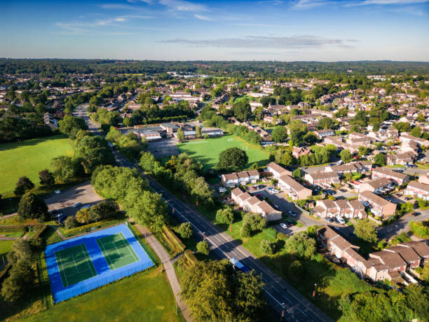 aerial view of housing in crawley, southeast england - southeast england imagens e fotografias de stock
