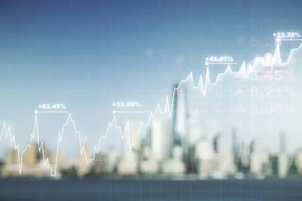 Photo of Abstract virtual financial graph hologram on blurry skyline background, forex and investment concept. Multiexposure