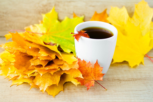 White cup of tea and autumn maple leaves on wooden background. The concept of calm, relaxation and autumn. Autumn background.