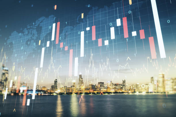 istock Multi exposure of virtual abstract financial graph hologram and world map on Chicago cityscape background, financial and trading concept 1598627532