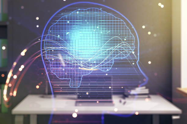 istock Double exposure of creative human head microcircuit and modern desk with computer on background. Future technology and AI concept 1598628172