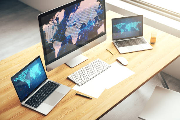istock Computer monitor with abstract creative digital world map, globalization concept. 3D Rendering 1598629259