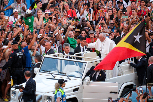 Lisbon, Portugal. August 5 2023. Pope Francis arrives to Parque Tejo, Lisbon, where the final celebration of the World Youth Day takes place, on the fifth day of the event.