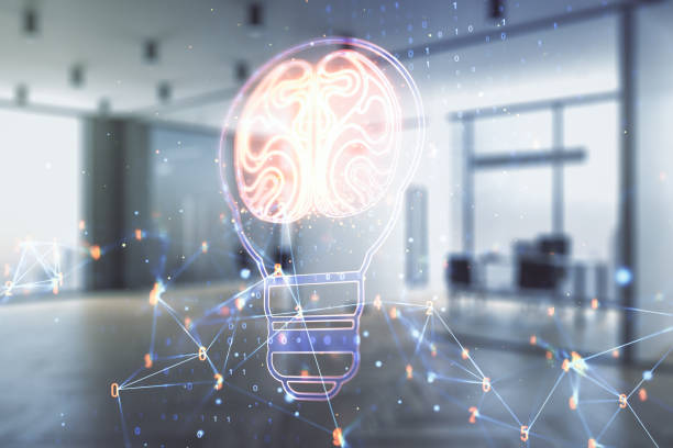 istock Abstract virtual idea concept with light bulb and human brain illustration on a modern furnished office background. Neural networks and machine learning concept. Multiexposure 1598630478