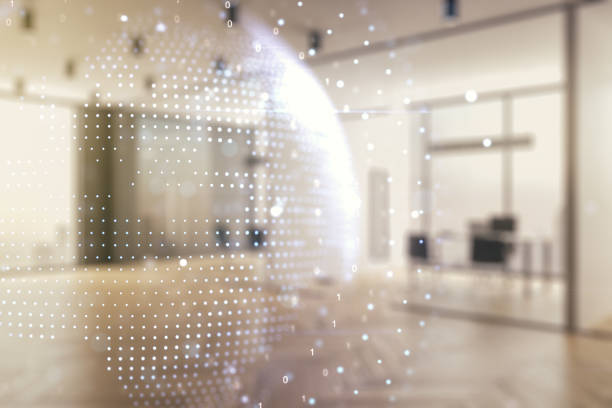 istock Double exposure of abstract digital world map on modern corporate office background, research and strategy concept 1598630498