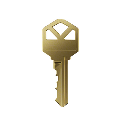 Gold key isolated on white background front view