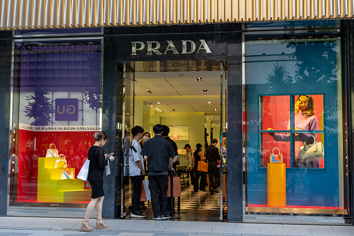 Tokyo, Japan - May 27, 2023 : Customers at Prada store in Ginza, Tokyo, Japan.