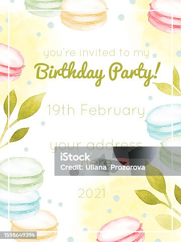 istock Birthday party invitation template watercolor macarons 1598649394