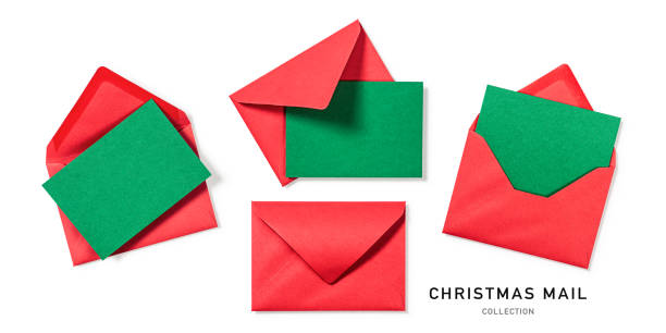 istock Christmas red envelope with green card set isolated on white background 1598664587