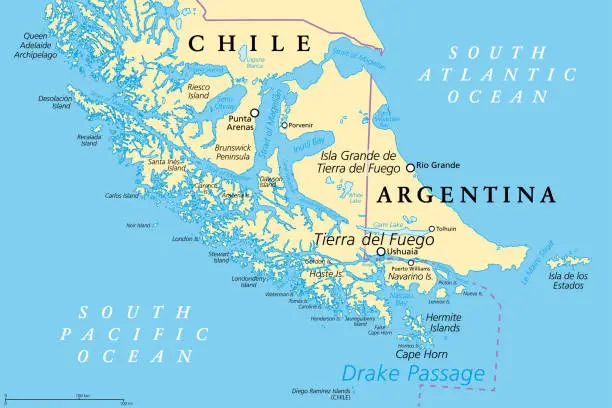 Vector illustration of Tierra del Fuego archipelago, southernmost tip of South America, political map