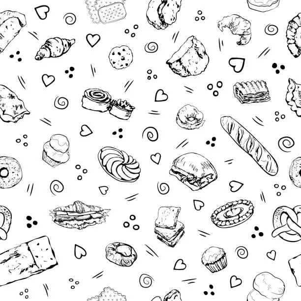 Vector illustration of Bakery items black and white pattern with doodle elements