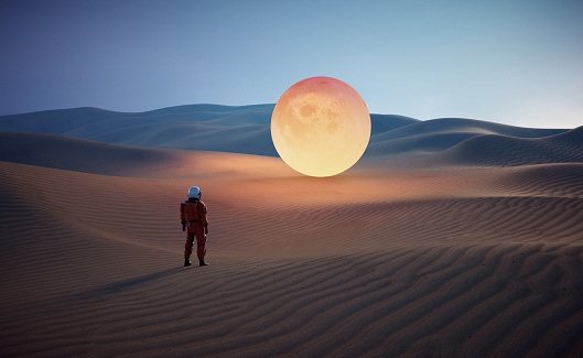 Astronaut in the desert looking at the moon. Sci fi and futuristic concept. This is a 3d render illustration.