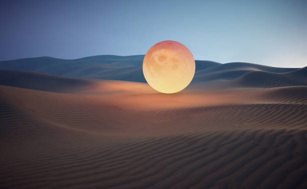 Moon in the desert. Global warming concept . Moon in the desert. Global warming concept . This is a 3d render illustration. surreal stock pictures, royalty-free photos & images