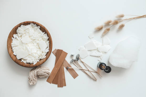 istock Set for crafting candle on white background. Eco soy wax and candle making tools top view, flat lay. DIY candles. Hobby concept 1598689726