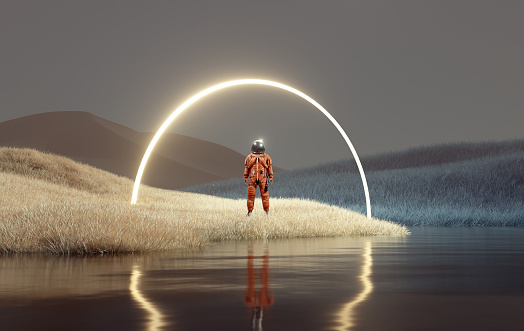 Astronaut standing under a sci fi structure on surreal land. Futuristic concept. This is a 3d render illustration.