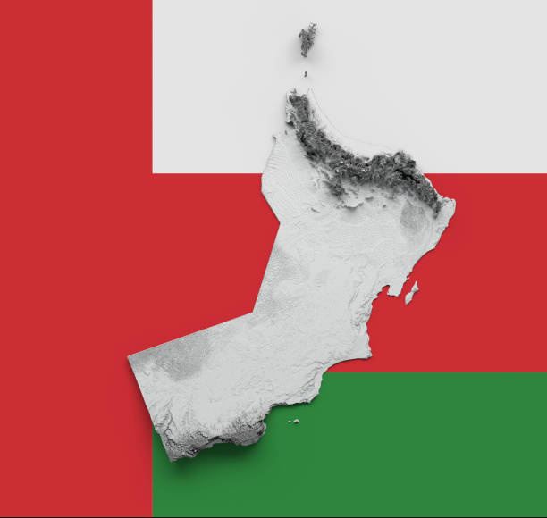 istock 3d Oman Map Black And White Shaded Relief Texture Map On Oman Flag Background 3d illustration 1598694156