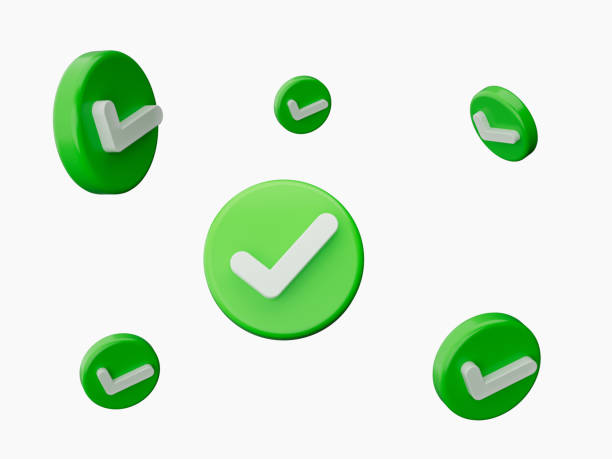 3d Six White Check Mark Symbol With Rounded Shiny Green Icons Flying In The Air 3d illustration stock photo