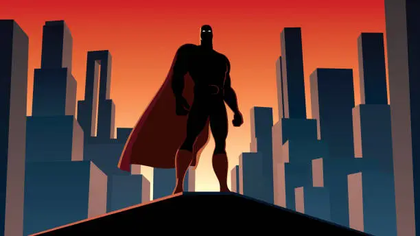 Vector illustration of Superhero on Roof Sunset Silhouette